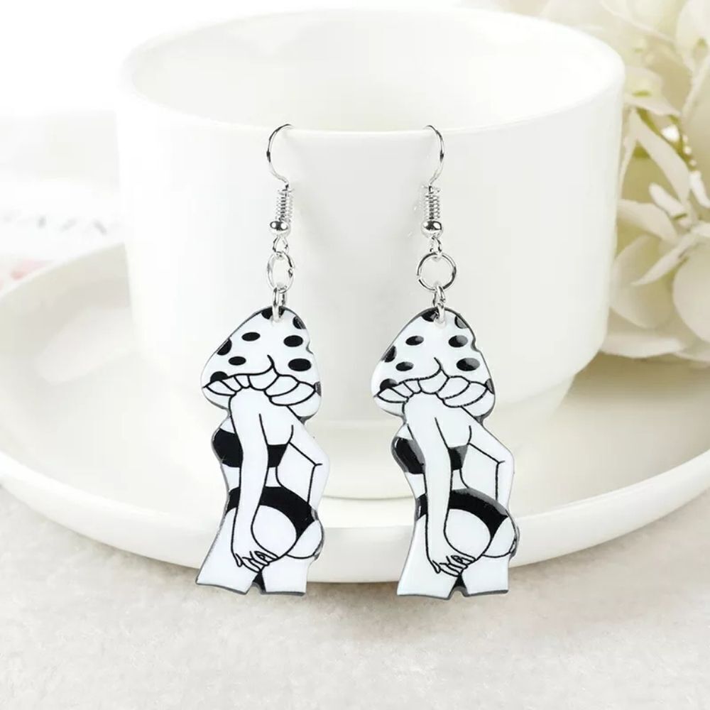 Mushroom Woman Body Figure Drop Earrings Acrylic Jewelry 2.75"